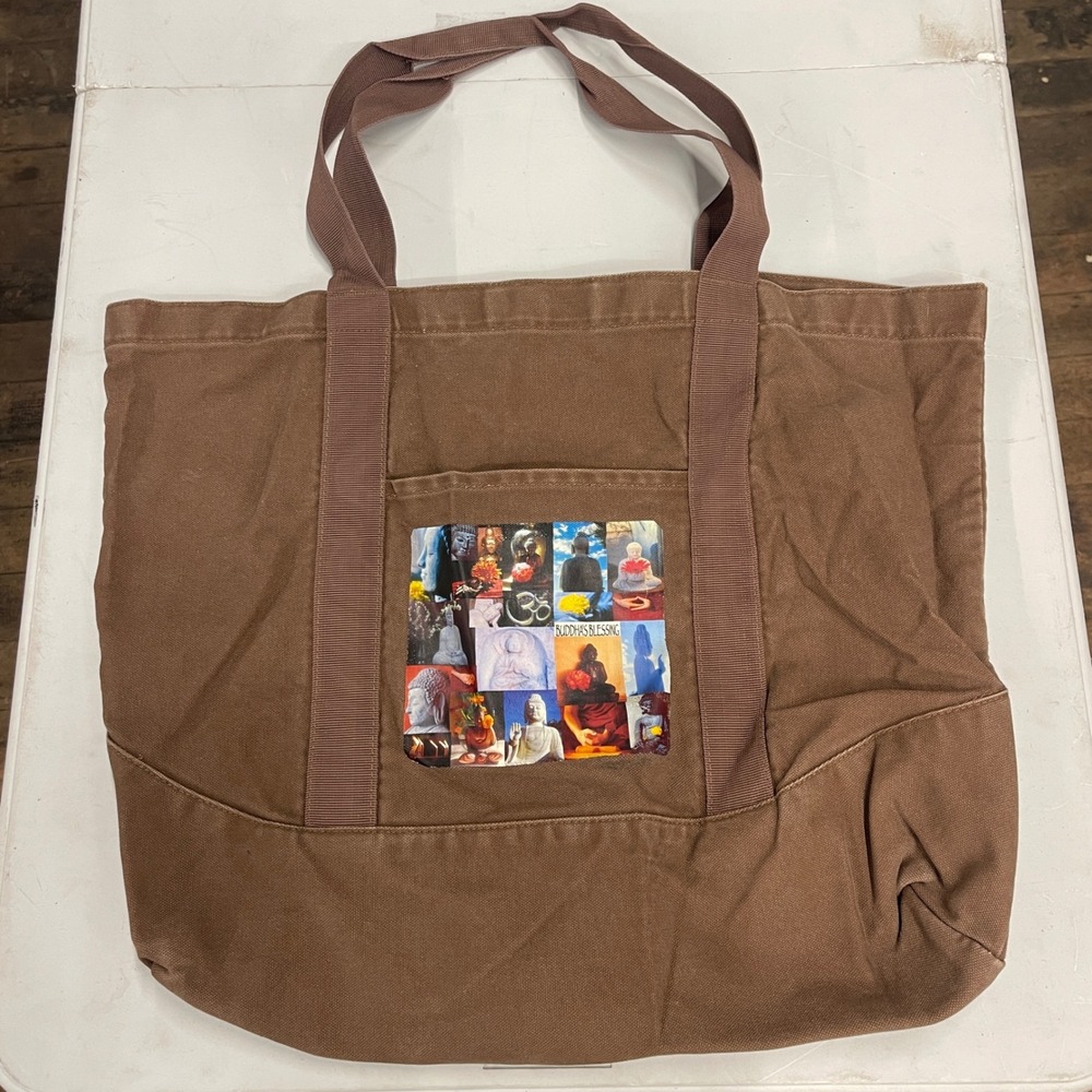 Dharma Love Tote Bag Buddha's Blessing Graphic Brown Canvas Yoga Spiritual Large